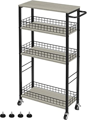 YBING Slim Storage Cart 4 Tier Slim Rolling Cart on Wheels Mobile Narrow Kitchen Cart with Wooden Tabletop Grey Slide Out Slim Utility Cart with Handle for Living Room Laundry Pantry Gap 7.3''Wide