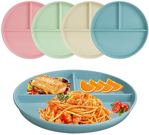 CSYY Lot de 4 Assiettes Divisées, 20 cm Incassables Contrôle des Portions Assiettes Assiettes de Pique Nique Réutilisables Assiettes à Dessert pour Adultes et Enfants