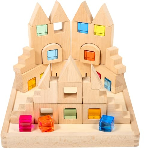 tickit Wooden Building Gem Blocks – Set of 25 Beechwood Cubes with Colourful Acrylic Gem Inserts, Stacking, Balancing & Small World Play, Ideal for Children Aged 3+