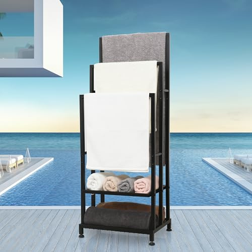 ZOES HOMEWARE Heavy Duty Pool Towel Rack for Outdoor | 3 Tier Free Standing Towel Rack with 2 Storage Shelves | Anti-Rust Stand Rack for Outdoor,Pool &Bathroom | Black, 41x16x12