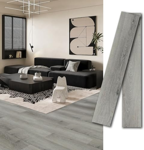 MULGREAT Peel and Stick Vinyl Flooring, 16 Pieces Waterproof Floor Tiles Self Adhesive Wood Grain Planks, DIY for Bedroom, Living Room Home Decor, Grey Wave