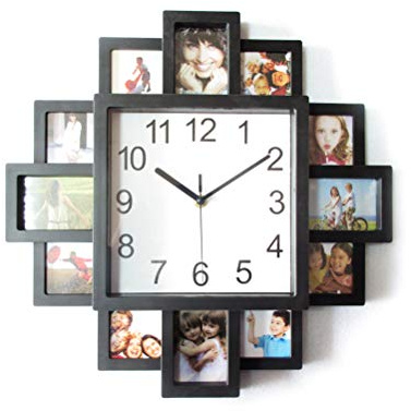Ejoyous Decorative Wall Clock, Picture Frame Clock Photo Display Vintage Black Square with Photo Frames Non Ticking Silent, for Bedroom Living Room Farmhouse Office (Black)