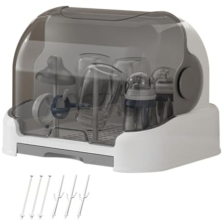 MWZBTG Organizador Y Secador De Biberones con Tapa - Estante De Almacenamiento con 6 Soportes Y Bandeja De Escurrimión Extraíble, para Utensilios De Lactancia Accesorios De Bebé En La Cocina