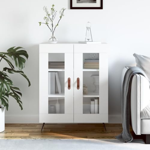 Skänk vit av trämaterial med glasdörrar 69,5 x 34 x 90 cm, metallfötter, köksbuffé och vardagsrumsskåp, praktiskt förvaringsutrymme, elegant design för matsal och kök