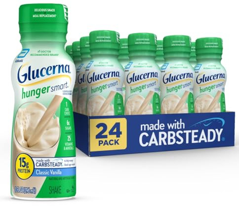 Glucerna Hunger Smart Diabetes Care Shake, Classic Vanilla, Diabetic Meal Replacement to Support Blood Sugar Management, 15g Protein, 180 Calories, Ready to Drink, 10 Fl Oz, 24 Pack