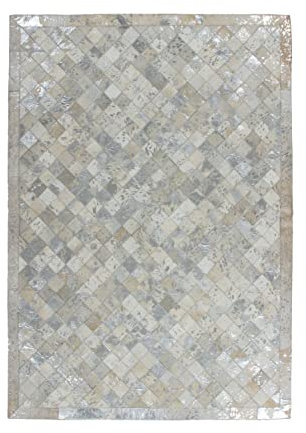 One Couture Leder Teppich Patchwork Modern Kasten Quadrat Design Metallic Gold Silber Beige Teppich Wohnzimmer Esszimmerteppich Teppich Läufer Flur Läufer 100% Leder Grau/Silber 120cm x 170cm