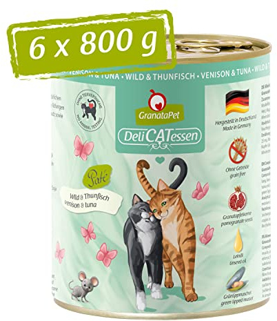 GranataPet Delicatessen Lot de 6 boîtes de 800 g de Nourriture Humide pour Chats au gibier et au Thon - Nourriture pour Chats gourmets - sans céréales et sans Sucre