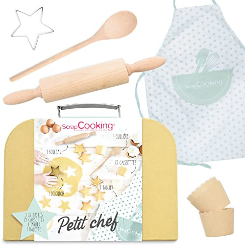 SCRAP COOKING 1138 Mallette Petit Chef avec Rouleau à Pâtisserie et Cuillère en Bois, Boîtes, Coupe-étoile, Tablier en Coton, Mallette pour Petits Enfants