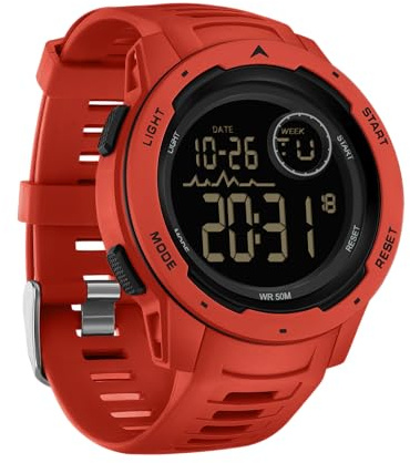 findtime Mens Sports Watch - Digital, 5ATM Waterproof, Military Tactical for Outdoor Running, Swimming - Large Face, LED Backlight - Black, Red