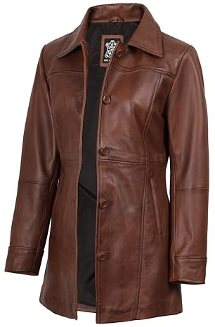 fjackets Chaqueta de cuero para mujer, abrigo de piel de cordero real para mujer, abrigo largo de cuero con cierre de botón, Cera marrón coñac, X-Large