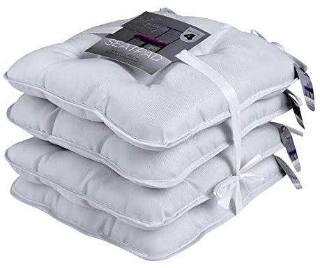 Lions Pack of 4 Seat Cushions for Dining Chairs - 37x37cm - Adjustable Kitchen Outdoor Chair Cushions with Ties Strap, Ultra Soft Comfortable Seat Pad for Living Room Office, Silver