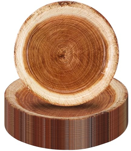 CEILIWEN Suministros de fiesta de grano de madera, 50 platos de papel de madera rústica, platos redondos de granja