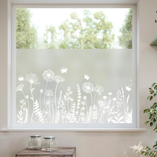 dktie Fönsterfilm, ogenomskinligt insynsskydd, fönster, mjölkglasfolie, botaniskt mönster, statiskt självhäftande, anti-UV, ingen lim, återanvändbar, lämplig för vardagsrum, sovrum 90 x 200 cm
