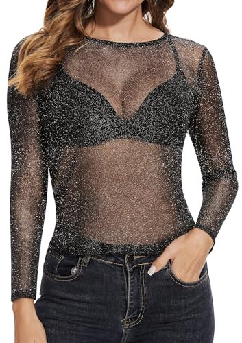 Becellen Mesh Oberteil Damen, Transparentes Glitzer Netzoberteil Schwarz Durchsichtiges Langarmshirt Damen für Club Party