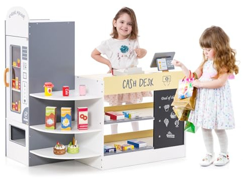 COSTWAY Negozio Alimentare per Bambini, Set di Giocattoli Supermercato in Legno con Cassa, Macchina POS, Distributore Automatico, Lavagna Scrivibile, per Bambini 3-8 Anni (Bianco)