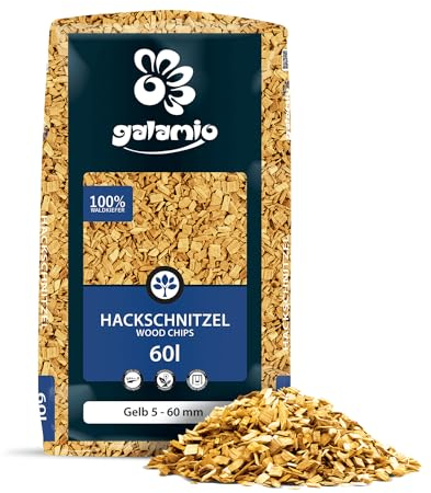 GALAMIO Holzhackschnitzel Gelb Hackschnitzel Mulch Natur Wald Kiefer Pinus Sylvestris Garten Dekor Holz Häcksel Grob 5-60mm 60l x 26 Sack 1.560l / 1 Palette