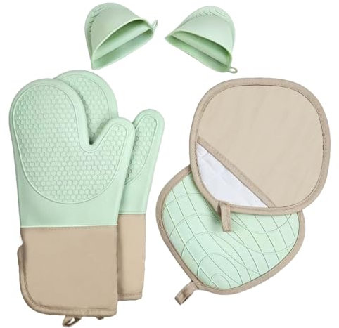 6-Piece Silicone Oven Mitts Set, Heat Resistant Kitchen Gloves with Soft Cotton Lining, Pot Holders & Mini Mitts for Cooking, Baking, BBQ – Light Green