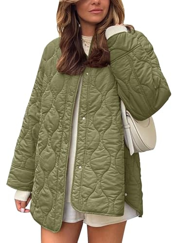 Flygo Women's Oversized Quilted Lightweight Jacket Button Down Puffer Padded Outerwear with Pocket(Green-M)