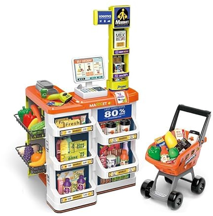 Serena & Jewel Pretend Play Grocery Store and Supermarket Set Role Play for Kids with Shopping Cart,Kids Cash Register,Best Gift for Boys and Girls