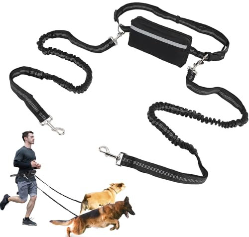 Joggingleine für 2 Hunde mit Bauchgurt, Freihändige Hundelaufleine Reflektierend, Doppelleine mit Stoßdämpfung und Reißverschlusstasche für Joggen, Wandern, Große Hunde bis 50kg