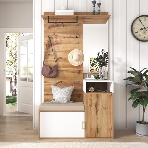 Moimhear Set per la casa e la casa, con 4 ganci appendiabiti, specchio, scarpiera, appendiabiti, ripiano superiore, panca da corridoio (Marrone+Bianco)