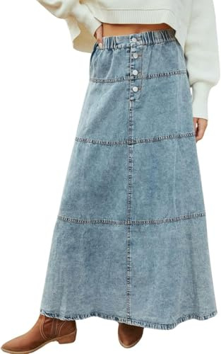 LLECDASEUI Femmes Boho Denim Jupe Maxi Y2k Taille Haute élastique Patchwork Tiered Jean A-Line Jupe Longue Vintage Streetwear (TG)