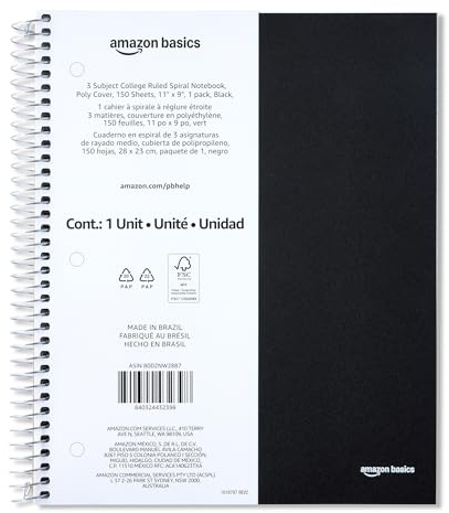 Amazon Basics College-Ruled 3-Subject Spiral Notebook, 150 Sheets, 8.5 x 11 inches, Black