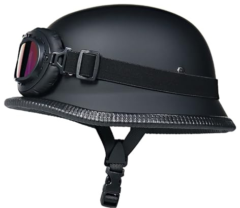 Motorcykelhjälm Vintage Tysk Stil Halvhjälm Med Glasögon Män Kvinnor Mopedhjälm DOT Godkänd Cruiser Chopper Scooterhjälm Vintage Jethjälm(Matt black,L=(59~60cm))