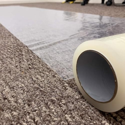 WINSOME Extra Thick 90 Micron Clear Carpet Protector Film - Strong Self Adhesive Roll Floor Protector Plastic Dust Sheets for Decorating Cover | 60 cm x 25M Roll (Pack of 2)