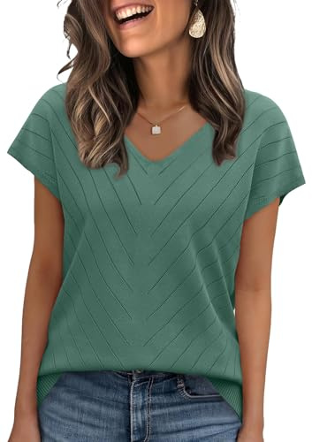 Short Sleeve Sweater for Women Trendy Womens Tops 2026 Summer V Neck T Shirts Cap Sleeve Beach Fashion Travel Outfits Vacation Clothes Ladies Tops Dressy Casual Lightweight Sweaters Dark Green M