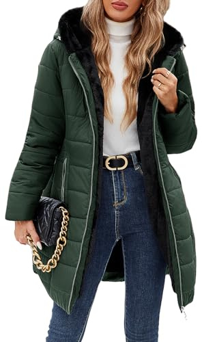 CMTOP Chaqueta Mujer Invierno Cálido Abrigo Acolchado Mujer Forro Polar Chaqueta Cremallera Largo con Capucha Termico Abrigo Casual Elegante Cazadora Hoodie Parka con Bolsillos(Verde militar,L)