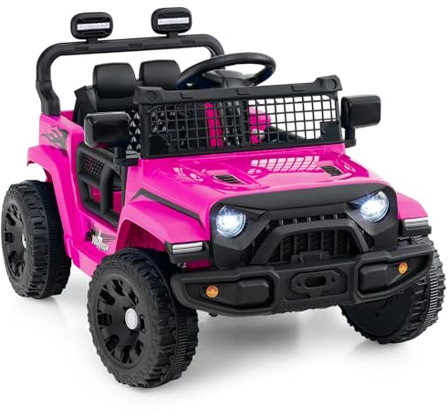 COSTWAY 12V Kids Ride on Car, 2 Motors Electric Off Road Truck with Remote Control, LED Lights, Music & Horn, Battery Powered Ride on Toy for 3+ Years Old Boys Girls (Pink)