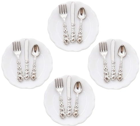 Lot de 4 ensembles de vaisselle miniatures avec assiettes et couverts en céramique miniatures pour maisons de poupée à l'échelle 1/12