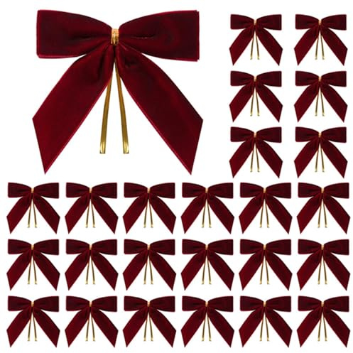 ESSECMBS Set di 24 fiocchi in velluto per decorazione di albero di Natale e ghirlanda, fiocchi artistici a nodo in tinta unita da 9 cm per bottiglie e portacandele, decorazioni per interni (Bordeaux