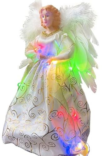 Sapin Noël 30cm Ange Pointe avec Lumineuse Coloré, Cime d'arbre De Noël, Arbre Topper Décoration avec Ailes Plumes pour Sommet D'Arbres, Maison Festive, Décor Bar Et Fête