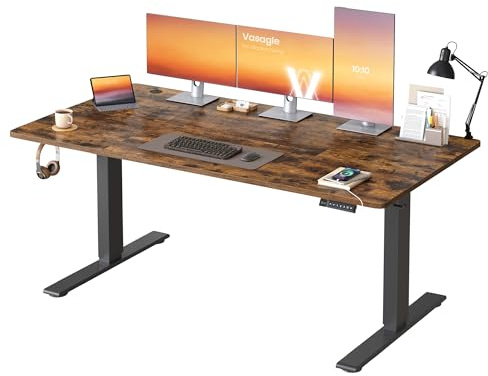 VASAGLE Höjdjusterbart skrivbord, 160 x 80 cm, USB-C-port, grenuttagshylla, stående bord, lång sittpåminnelse, 3 minnesknappar, för kontor, vintage brun LSD146KD02