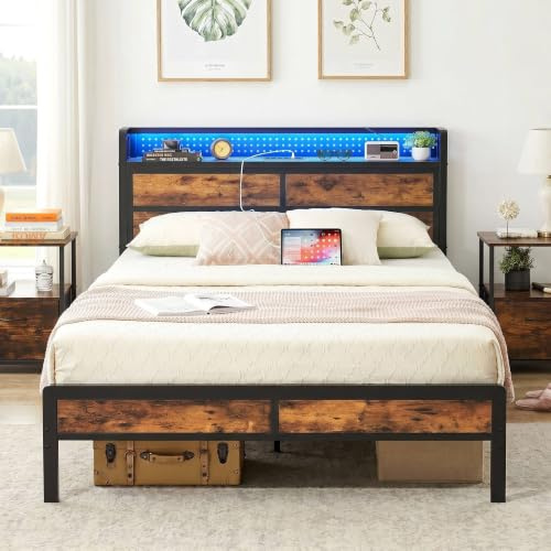 IRONCK Double Bed Frame with Storage Headboard & LED Lights, Platform Bed Frame Double with Charging Station, Metal Bed Frame, UnderBed Storage/Mattress Foundation, Vintage Brown