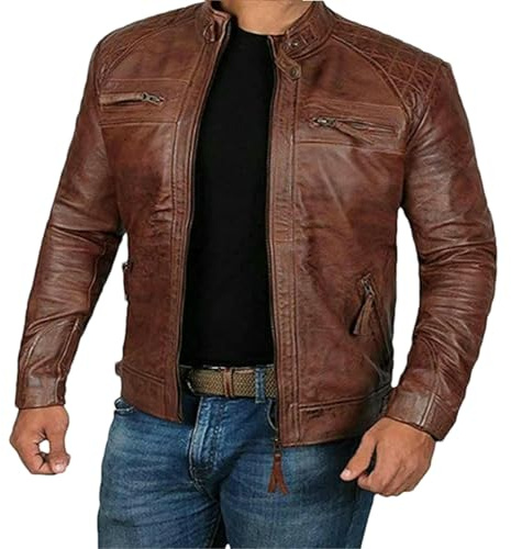 GaoLeAve Konstläderjacka för män, höst, vinter, fritid, bikerstil, PU-rock med dragkedjefickor, tjock, rund hals, ytterkläder, BRUN, S