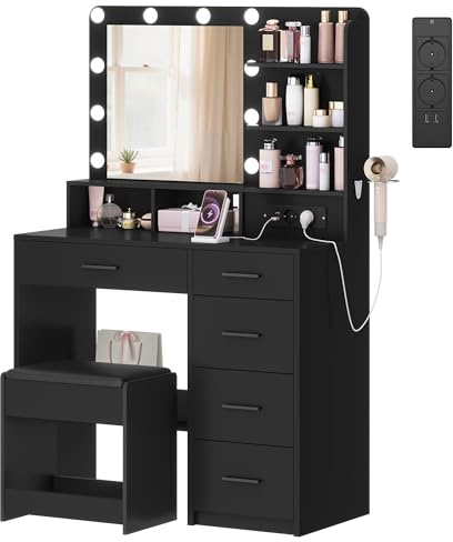 Hzuaneri Postazione Trucco con 10 Luce Led, 3 Colori, Toeletta Trucco con Spina E Grande Specchio, Sgabello E Supporto Per Asciugacapelli, Tavolino Da Toilette A Più Cassetti, Nero DT39006XEU