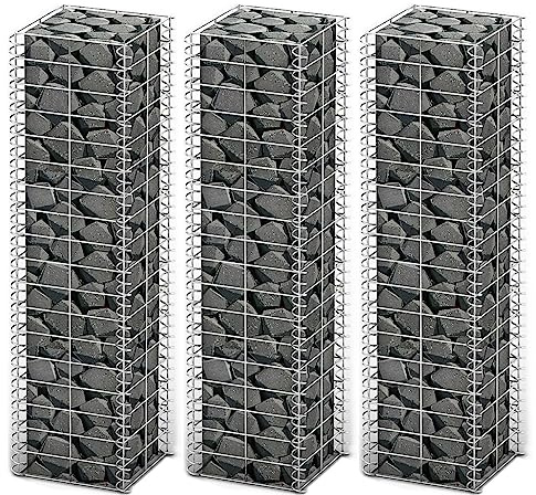 Mokuyary Gabion Set of 3 Galvanised Wire 25 x 25 x 100 cm Gabions Wall Wire Basket Stone Gabion Wall Gabion Basket for Landscape, Garden