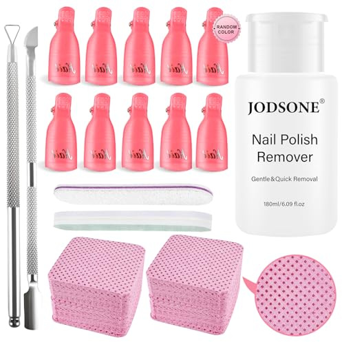 JODSONE Non-Acetone Nail Polish Remover Kit, 180ML Nail Varnish Remover Set, with 200 Lint-Free Wipes, Nail Clips, Nail File & Buffer Block, Cuticle Tools for At-Home Safe Regular Nail Polish Removal