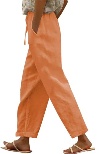 DGZTWLL - Pantalones de lino elásticos casuales para mujer, cintura elástica, pierna recta, abertura cómoda para el uso diario, oficina, viajes, trabajo y verano