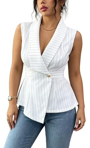 Gilet Costume Femme Débardeurs Pour Femmes Blancs À Rayures Col À Revers Avec Ceinture Style Business Casual Blazer Sans Manches Gilet Élégant Et Habillé Pour Le Bureau Coupe Asymétrique Tail