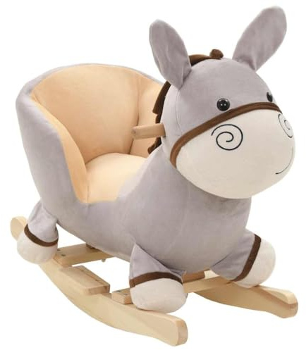 Animal à bascule âne avec dossier gris, cheval à bascule pour tout-petits à partir de 12 mois, peluche à bascule avec structure en bois, 60 x 32 x 55 cm