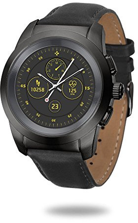 MyKronoz ZeTime Premium hybride Smartwatch 39mm mit mechanischen Zeigern über einen runden Farbtouchscreen – Petite Matt Schwarz / Schwarz Geprägtes Leder