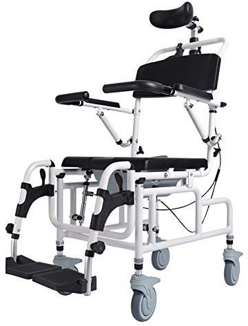 Tilt Shower Commode Chair Personal Mobility Assist Toilet Commode Wheelchair Transport Rolling Chair Waterproof with Padded Flip-up Arm and Foot Rests Adjustable Headrest (with Headrest)