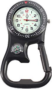 Weicam Men Women Compass Corkscrew Carabiner Clip on FOB Watch Outdoor Adventure Luminous Pocket Watch (Black)
