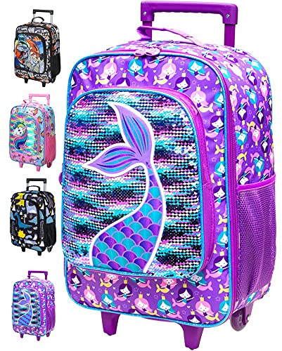 AGSDON Kids Suitcase for Girls, Cute Mermaid Rolling Luggage Wheels for Children Toddler
