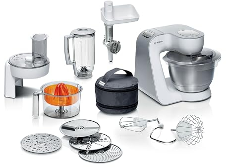 Bosch CreationLine 7 in 1 Stand Mixer MUM58259 with 11 accessories, 7 Speeds, dough hook, whisk, beater, blender, juicer, mincer, shredder, 1000W, AMAZON EXCLUSIVE - White/Silver