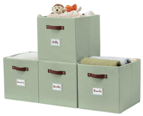 DECOMOMO - 13 x 15 x 13 Storage Basket, Baskets with Labels (4 Pack, Sage Green)